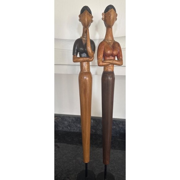 Hand-Carved African-Inspired Wooden Female Figurines Statues On Black Stands - Picture 6 of 16